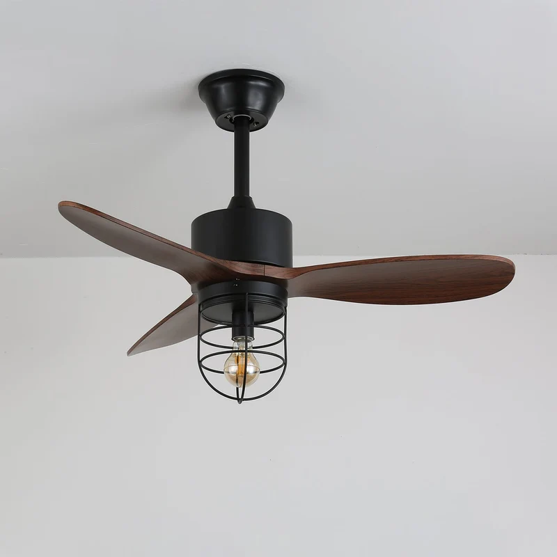 Industriële Plafondventilator met Verlichting Ø91cm – Metalen Frame – Glazen Kap – 6 Snelheden – Afstandsbediening – AC 110-240V – Walnoot & Zwart | Sansoti