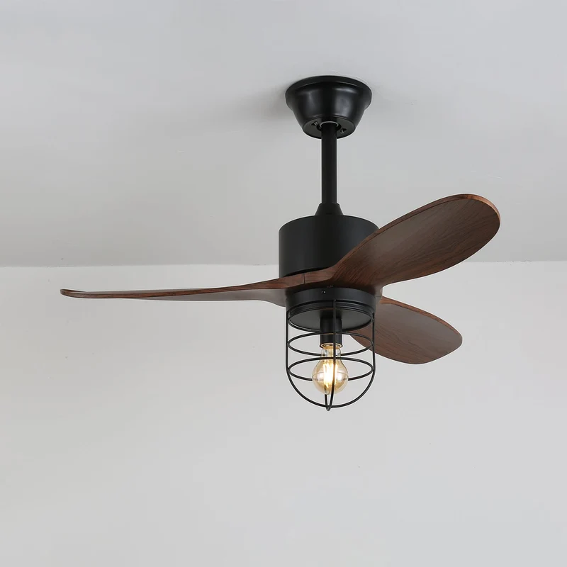 Industriële Plafondventilator met Verlichting Ø91cm – Metalen Frame – Glazen Kap – 6 Snelheden – Afstandsbediening – AC 110-240V – Walnoot & Zwart | Sansoti