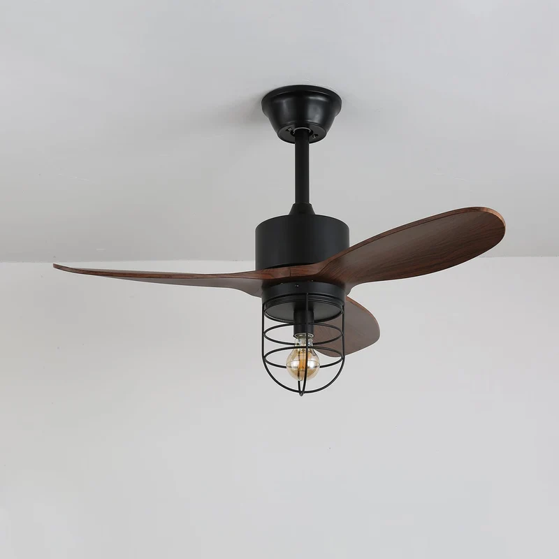 Industriële Plafondventilator met Verlichting Ø91cm – Metalen Frame – Glazen Kap – 6 Snelheden – Afstandsbediening – AC 110-240V – Walnoot & Zwart | Sansoti