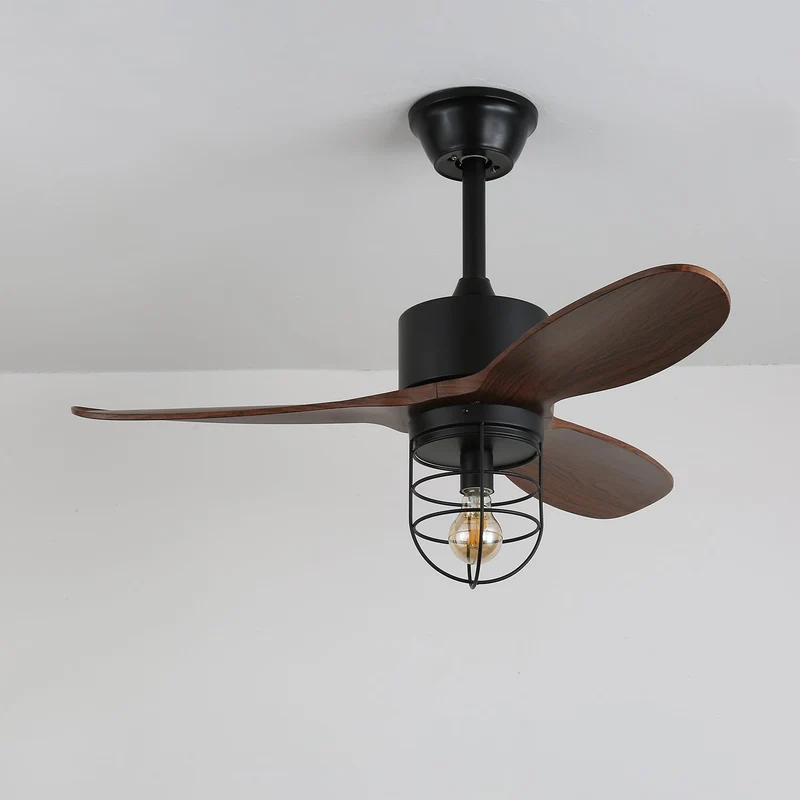 Industriële Plafondventilator met Verlichting Ø91cm – Metalen Frame – Glazen Kap – 6 Snelheden – Afstandsbediening – AC 110-240V – Walnoot & Zwart | Sansoti