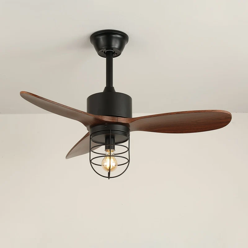 Industriële Plafondventilator met Verlichting Ø91cm – Metalen Frame – Glazen Kap – 6 Snelheden – Afstandsbediening – AC 110-240V – Walnoot & Zwart | Sansoti