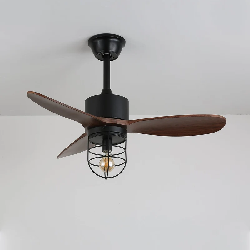 Industriële Plafondventilator met Verlichting Ø91cm – Metalen Frame – Glazen Kap – 6 Snelheden – Afstandsbediening – AC 110-240V – Walnoot & Zwart | Sansoti