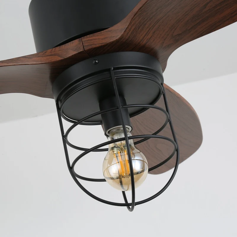 Industriële Plafondventilator met Verlichting Ø91cm – Metalen Frame – Glazen Kap – 6 Snelheden – Afstandsbediening – AC 110-240V – Walnoot & Zwart | Sansoti