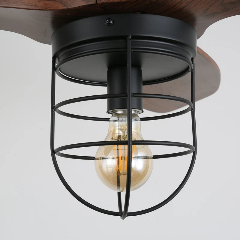 Industriële Plafondventilator met Verlichting Ø91cm – Metalen Frame – Glazen Kap – 6 Snelheden – Afstandsbediening – AC 110-240V – Walnoot & Zwart | Sansoti