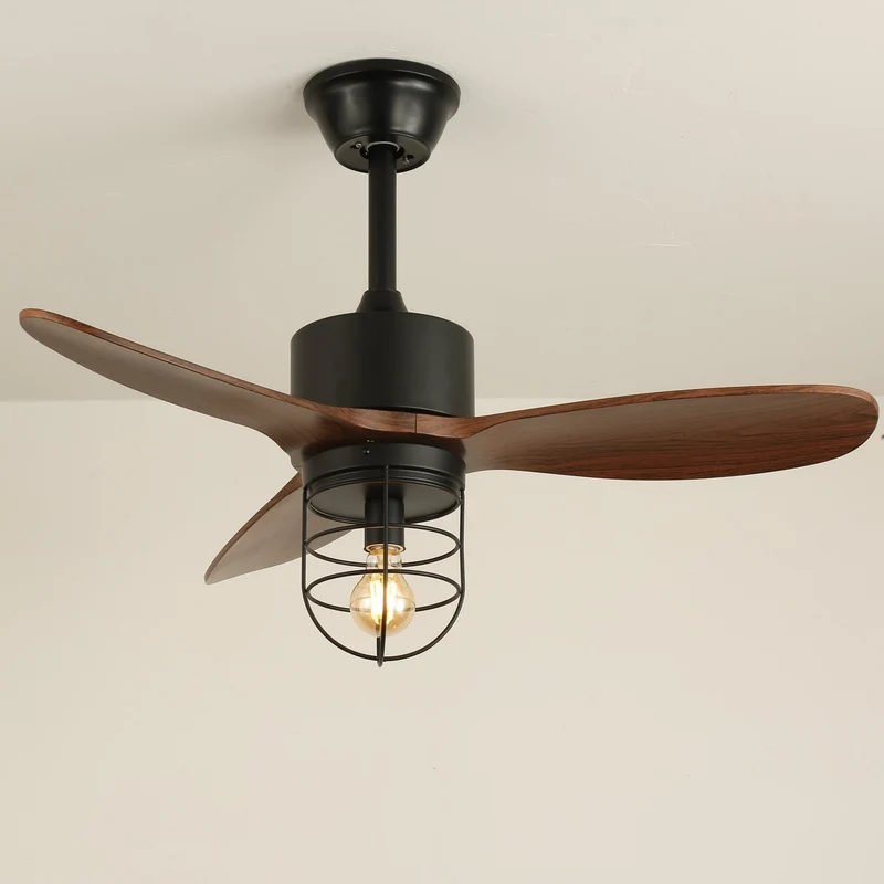 Industriële Plafondventilator met Verlichting Ø91cm – Metalen Frame – Glazen Kap – 6 Snelheden – Afstandsbediening – AC 110-240V – Walnoot & Zwart | Sansoti