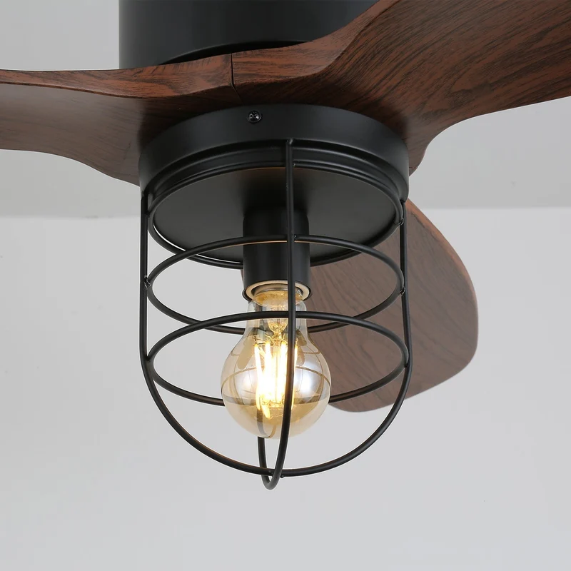Industriële Plafondventilator met Verlichting Ø91cm – Metalen Frame – Glazen Kap – 6 Snelheden – Afstandsbediening – AC 110-240V – Walnoot & Zwart | Sansoti