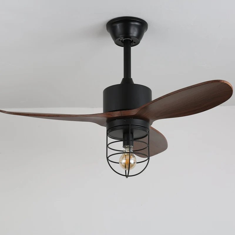 Industriële Plafondventilator met Verlichting Ø91cm – Metalen Frame – Glazen Kap – 6 Snelheden – Afstandsbediening – AC 110-240V – Walnoot & Zwart | Sansoti