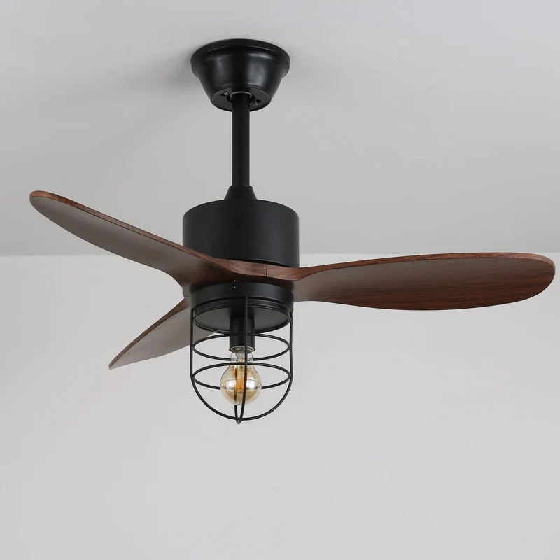Industriële Plafondventilator met Verlichting Ø91cm – Metalen Frame – Glazen Kap – 6 Snelheden – Afstandsbediening – AC 110-240V – Walnoot & Zwart | Sansoti