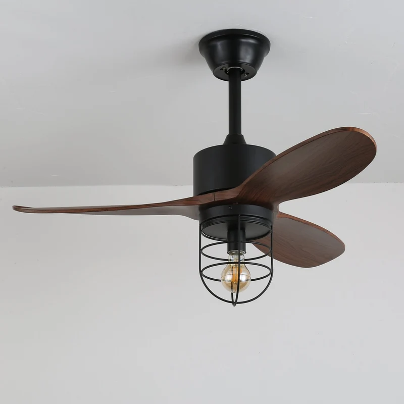 Industriële Plafondventilator met Verlichting Ø91cm – Metalen Frame – Glazen Kap – 6 Snelheden – Afstandsbediening – AC 110-240V – Walnoot & Zwart | Sansoti