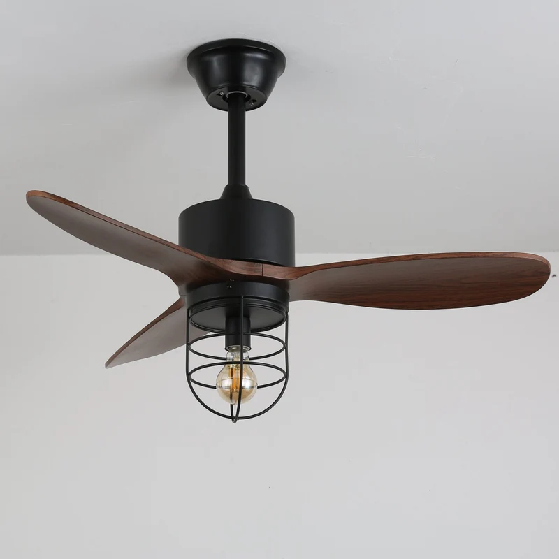 Industriële Plafondventilator met Verlichting Ø91cm – Metalen Frame – Glazen Kap – 6 Snelheden – Afstandsbediening – AC 110-240V – Walnoot & Zwart | Sansoti