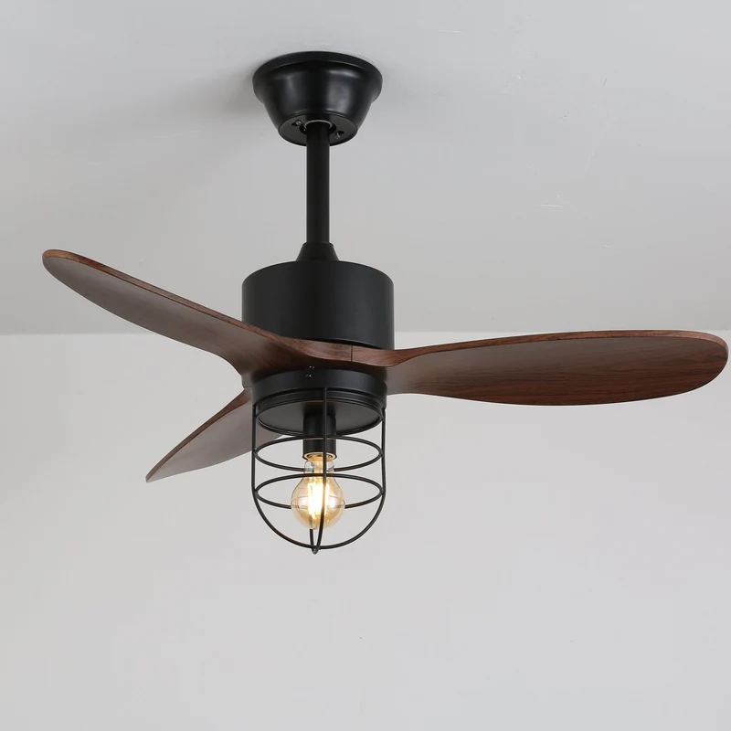 Industriële Plafondventilator met Verlichting Ø91cm – Metalen Frame – Glazen Kap – 6 Snelheden – Afstandsbediening – AC 110-240V – Walnoot & Zwart | Sansoti