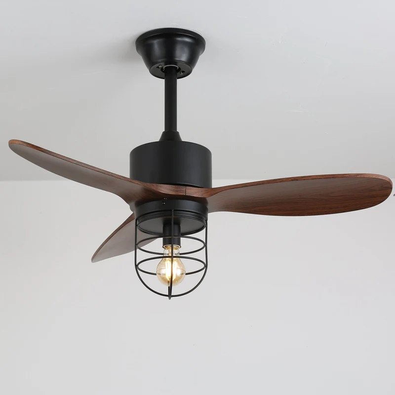 Industriële Plafondventilator met Verlichting Ø91cm – Metalen Frame – Glazen Kap – 6 Snelheden – Afstandsbediening – AC 110-240V – Walnoot & Zwart | Sansoti