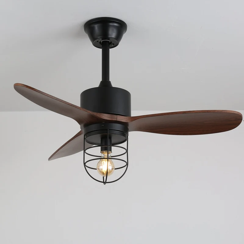 Industriële Plafondventilator met Verlichting Ø91cm – Metalen Frame – Glazen Kap – 6 Snelheden – Afstandsbediening – AC 110-240V – Walnoot & Zwart | Sansoti