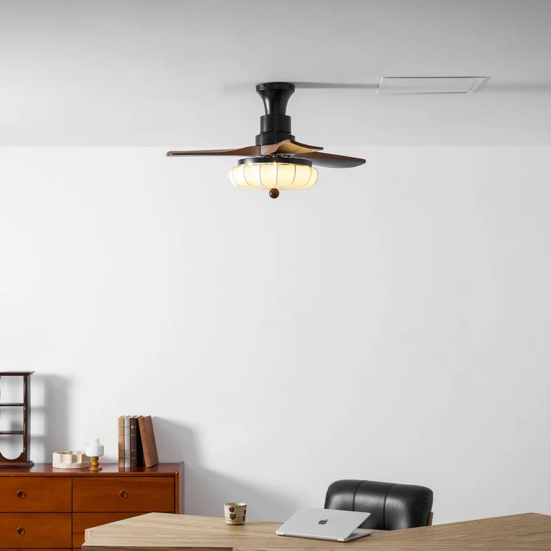Plafondventilator met Verlichting – DC-Motor – Lotus-Dessin Katoenen Kap – Walnoothouten Bladen – Regelbaar & Omkeerbaar | Sansoti