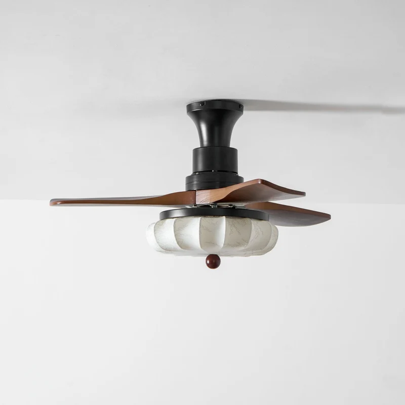 Plafondventilator met Verlichting – DC-Motor – Lotus-Dessin Katoenen Kap – Walnoothouten Bladen – Regelbaar & Omkeerbaar | Sansoti