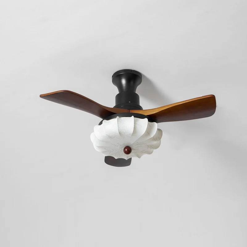 Plafondventilator met Verlichting – DC-Motor – Lotus-Dessin Katoenen Kap – Walnoothouten Bladen – Regelbaar & Omkeerbaar | Sansoti