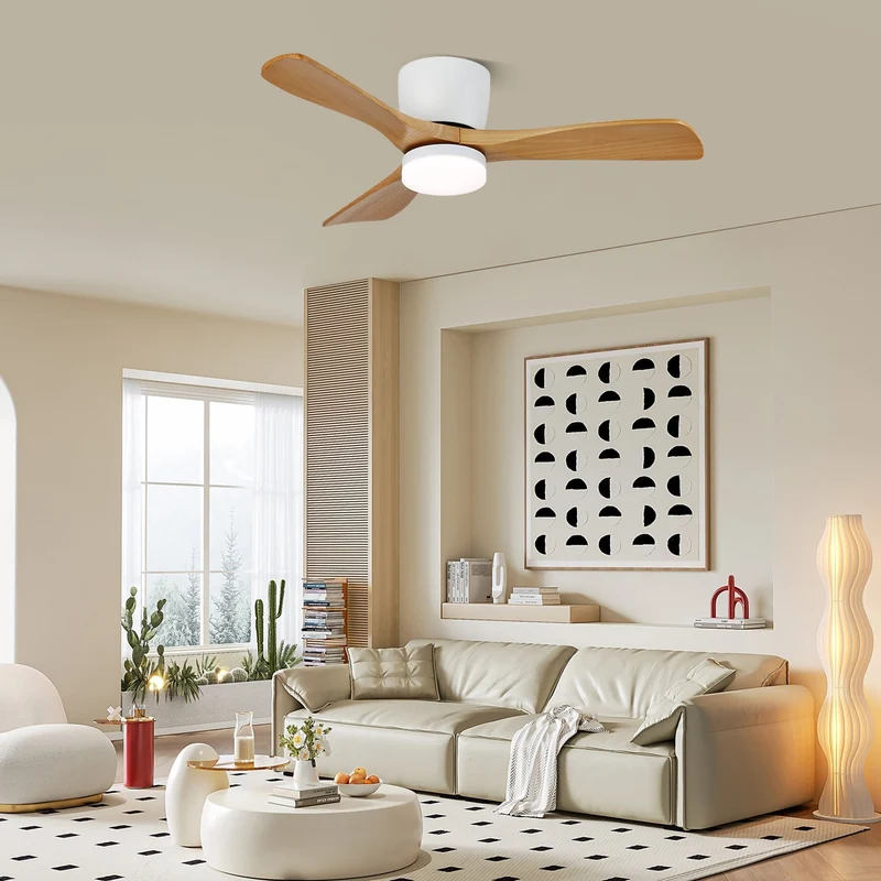 Plafondventilator met Verlichting Hout Minimalistische Stijl met Drie Snelheden Afstandsbediening voor Moderne Slaapkamer Woonkamer | Sansoti