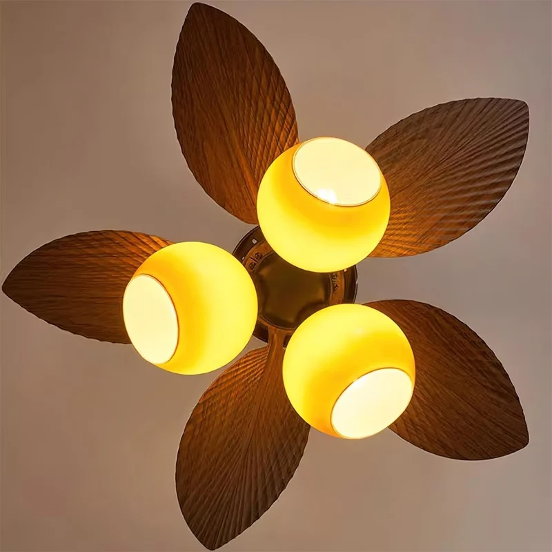 Tropische Plafondventilator met Glazen Verlichting Ø76cm – Ventilator Plafondlamp Afstandsbediening Dimbaar 6 Snelheden Koper Motor voor Slaapkamer Woonkamer | Sansoti