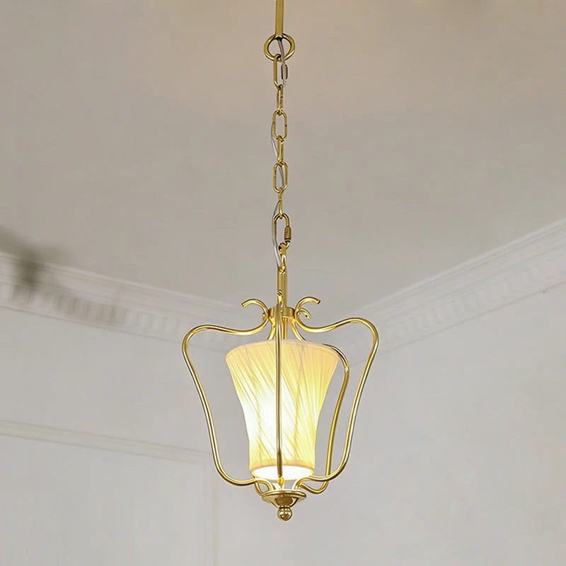 Vintage Hanglamp met Messing Afwerking en Plooistof Kap – Warm Lantaarnontwerp voor Keuken en Hal | Sansoti