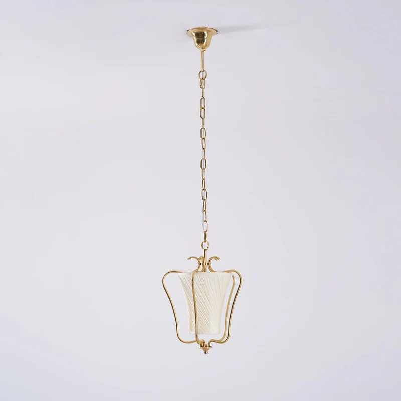 Vintage Hanglamp met Messing Afwerking en Plooistof Kap – Warm Lantaarnontwerp voor Keuken en Hal | Sansoti