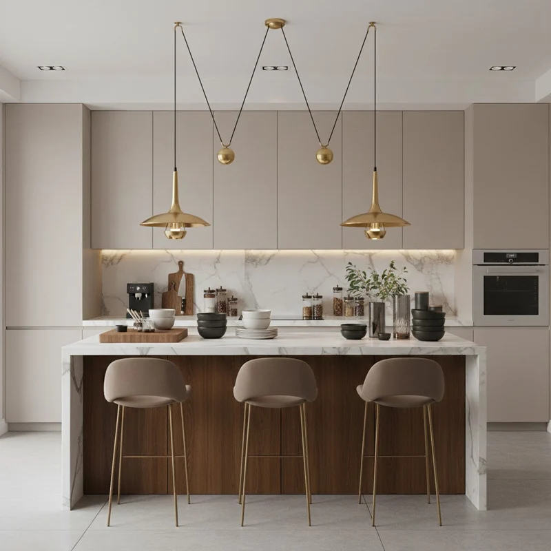 Verstelbare Hanglamp Onos – Hoogte-instelbaar met Tegengewichtbal – Chroom of Goud Metaal – Vintage 1970s Design – Retro Pendelverlichting voor Eettafel en Keukeneiland | Sansoti