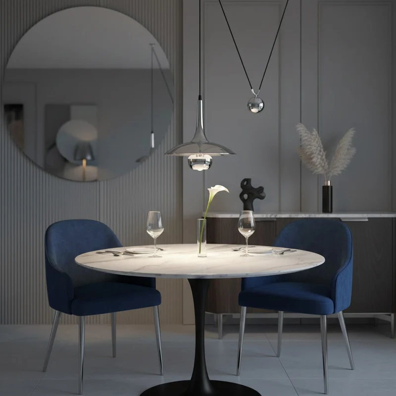 Verstelbare Hanglamp Onos – Hoogte-instelbaar met Tegengewichtbal – Chroom of Goud Metaal – Vintage 1970s Design – Retro Pendelverlichting voor Eettafel en Keukeneiland | Sansoti