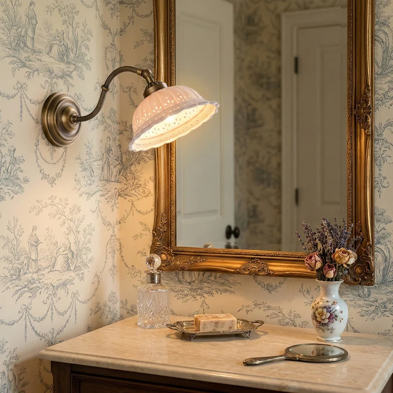 Keramische Wandlamp met Messing Armature | Vintage Victorian Stijl | Antique Brass Finish & Opengewerkte Kap | Sansoti