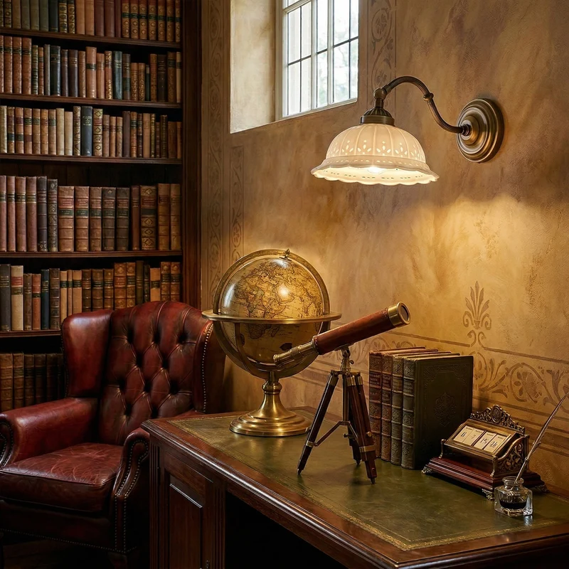 Keramische Wandlamp met Messing Armature | Vintage Victorian Stijl | Antique Brass Finish & Opengewerkte Kap | Sansoti