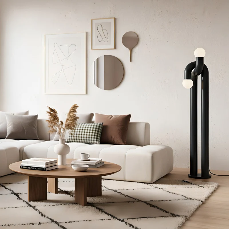 Moderne Staande Boogvorm Lamp met Twee Glazen Bollen – Decoratieve Dubbele Verlichting voor Woonkamer | Sansoti