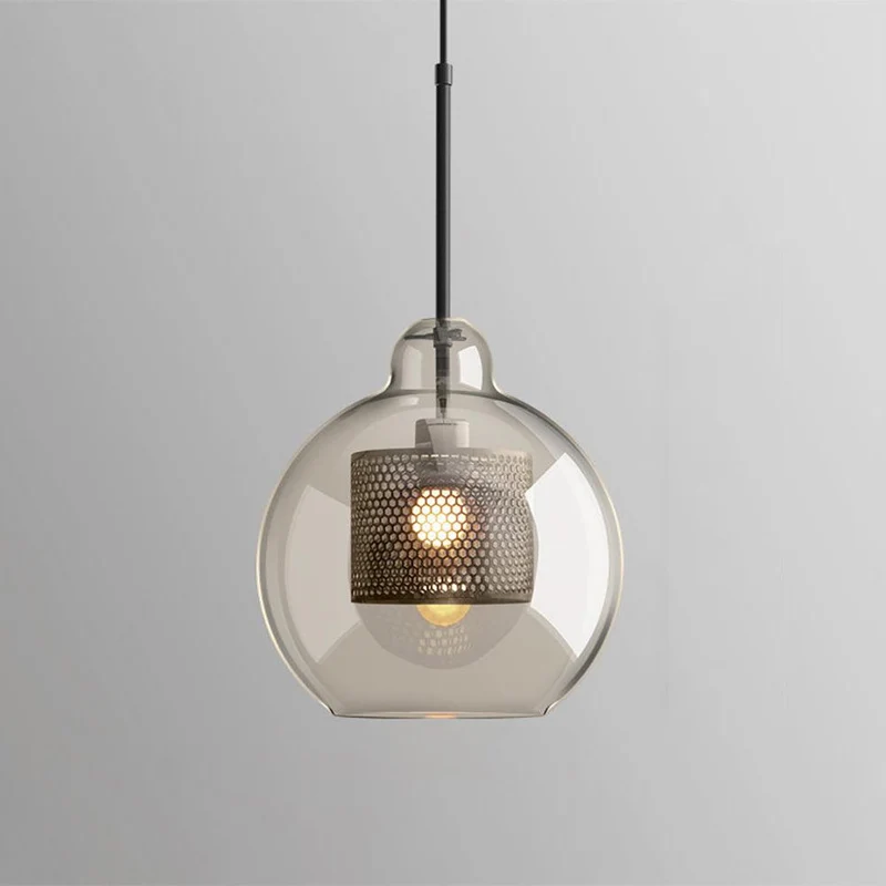 Glazen Hanglamp met Metalen Gaaskap Transparant Amber Zwart Goud 20-30cm Scandinavisch Design Eetkamer Keuken | Sansoti