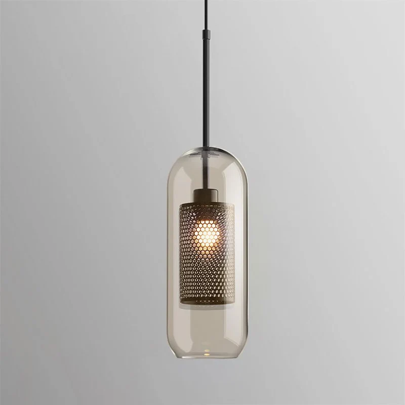 Glazen Hanglamp met Metalen Gaaskap Transparant Amber Zwart Goud 20-30cm Scandinavisch Design Eetkamer Keuken | Sansoti