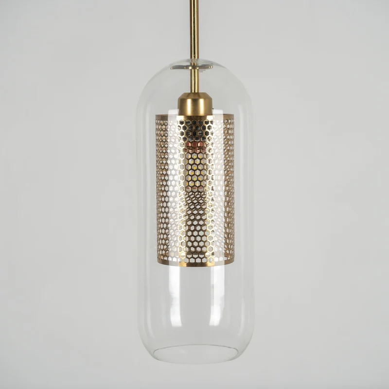 Glazen Hanglamp met Metalen Gaaskap Transparant Amber Zwart Goud 20-30cm Scandinavisch Design Eetkamer Keuken | Sansoti