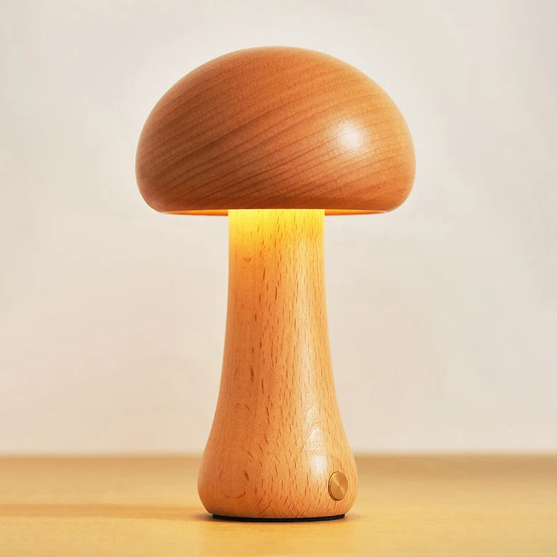 Houten Paddenstoel Tafellamp met Ingebouwde Batterij & Touch-bediening – Warm Sfeerlicht voor Woonkamer, Slaapkamer, Kantoor – Oplaadbare LED-lamp met Dimfunctie – Decoratieve Sfeerverlichting | Sansoti