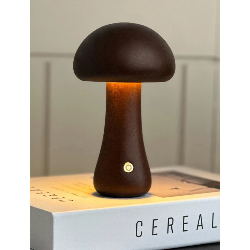 Houten Paddenstoel Tafellamp met Ingebouwde Batterij & Touch-bediening – Warm Sfeerlicht voor Woonkamer, Slaapkamer, Kantoor – Oplaadbare LED-lamp met Dimfunctie – Decoratieve Sfeerverlichting | Sansoti
