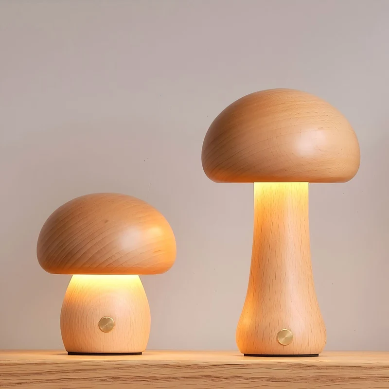 Houten Paddenstoel Tafellamp met Ingebouwde Batterij & Touch-bediening – Warm Sfeerlicht voor Woonkamer, Slaapkamer, Kantoor – Oplaadbare LED-lamp met Dimfunctie – Decoratieve Sfeerverlichting | Sansoti
