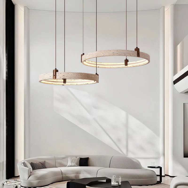 Travertijn Ring Kroonluchter – Natuursteen Hanglamp met Walnoot Hout en Geïntegreerde LED | Scandinavisch Design voor Woon- en Eetkamer | Sansoti