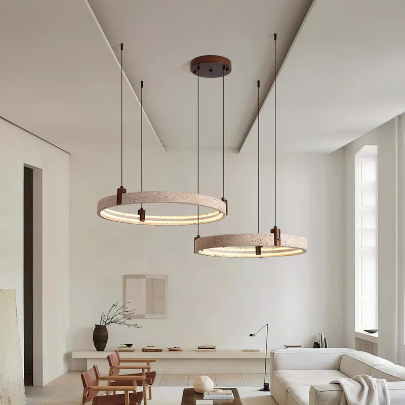 Travertijn Ring Kroonluchter – Natuursteen Hanglamp met Walnoot Hout en Geïntegreerde LED | Scandinavisch Design voor Woon- en Eetkamer | Sansoti