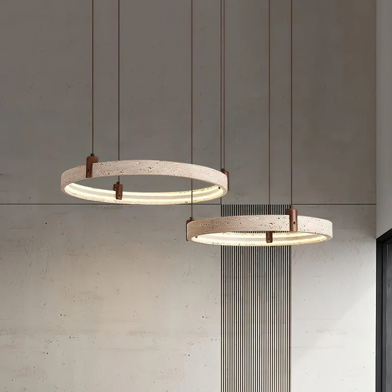 Travertijn Ring Kroonluchter – Natuursteen Hanglamp met Walnoot Hout en Geïntegreerde LED | Scandinavisch Design voor Woon- en Eetkamer | Sansoti