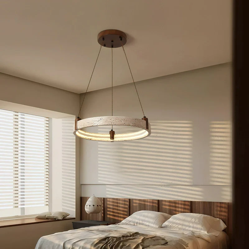 Travertijn Ring Kroonluchter – Natuursteen Hanglamp met Walnoot Hout en Geïntegreerde LED | Scandinavisch Design voor Woon- en Eetkamer | Sansoti