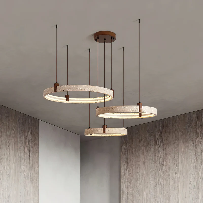 Travertijn Ring Kroonluchter – Natuursteen Hanglamp met Walnoot Hout en Geïntegreerde LED | Scandinavisch Design voor Woon- en Eetkamer | Sansoti