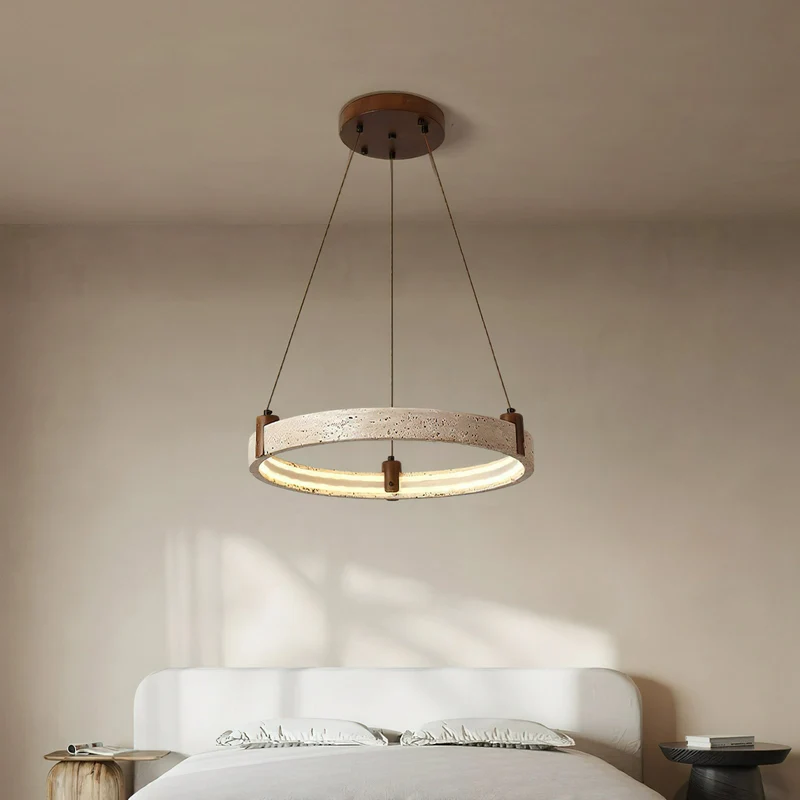 Travertijn Ring Kroonluchter – Natuursteen Hanglamp met Walnoot Hout en Geïntegreerde LED | Scandinavisch Design voor Woon- en Eetkamer | Sansoti