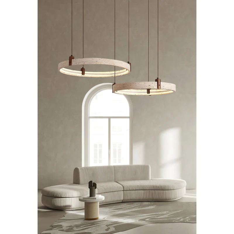 Travertijn Ring Kroonluchter – Natuursteen Hanglamp met Walnoot Hout en Geïntegreerde LED | Scandinavisch Design voor Woon- en Eetkamer | Sansoti