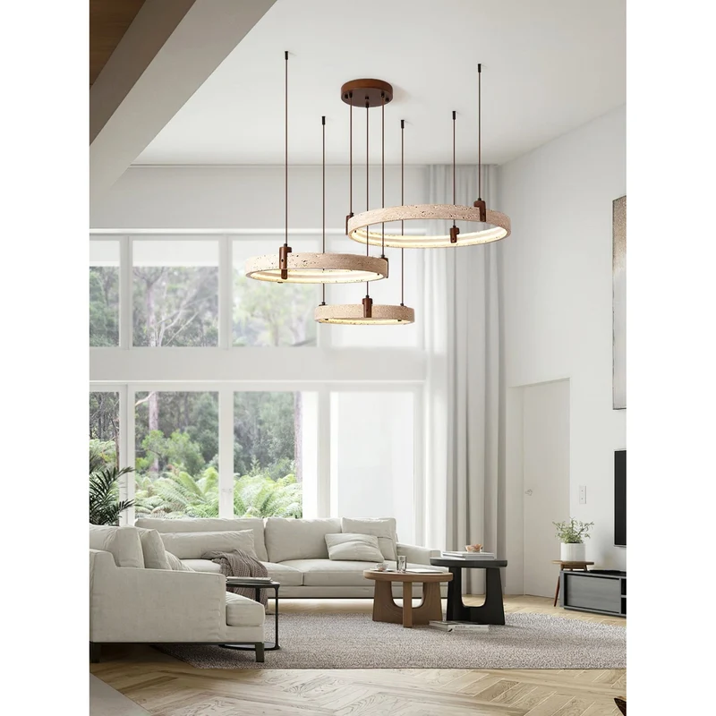 Travertijn Ring Kroonluchter – Natuursteen Hanglamp met Walnoot Hout en Geïntegreerde LED | Scandinavisch Design voor Woon- en Eetkamer | Sansoti