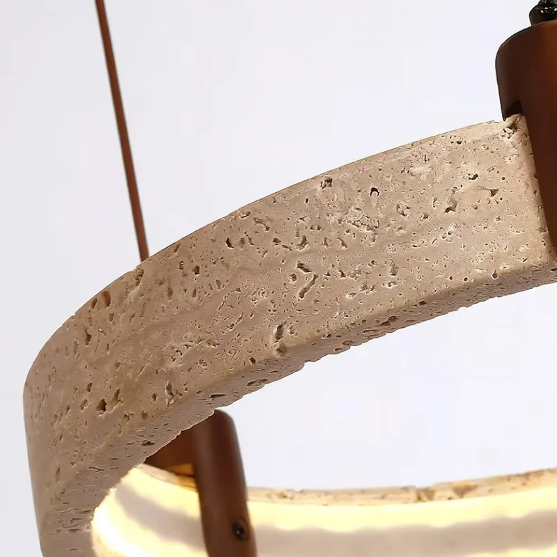 Travertijn Ring Kroonluchter – Natuursteen Hanglamp met Walnoot Hout en Geïntegreerde LED | Scandinavisch Design voor Woon- en Eetkamer | Sansoti