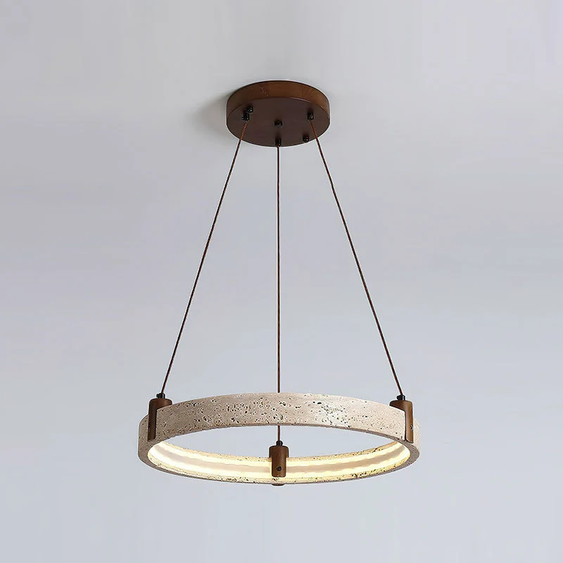 Travertijn Ring Kroonluchter – Natuursteen Hanglamp met Walnoot Hout en Geïntegreerde LED | Scandinavisch Design voor Woon- en Eetkamer | Sansoti