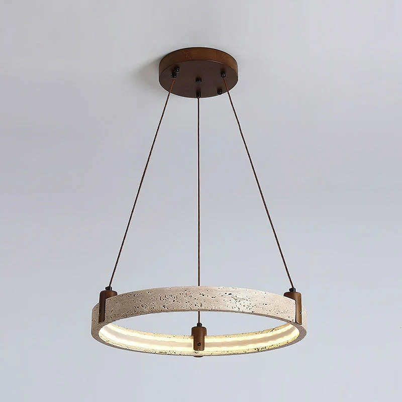 Travertijn Ring Kroonluchter – Natuursteen Hanglamp met Walnoot Hout en Geïntegreerde LED | Scandinavisch Design voor Woon- en Eetkamer | Sansoti