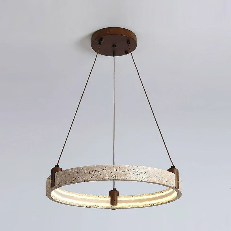 Travertijn Ring Kroonluchter – Natuursteen Hanglamp met Walnoot Hout en Geïntegreerde LED | Scandinavisch Design voor Woon- en Eetkamer | Sansoti