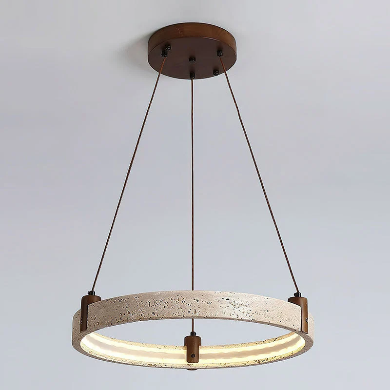Travertijn Ring Kroonluchter – Natuursteen Hanglamp met Walnoot Hout en Geïntegreerde LED | Scandinavisch Design voor Woon- en Eetkamer | Sansoti