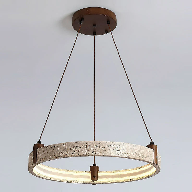 Travertijn Ring Kroonluchter – Natuursteen Hanglamp met Walnoot Hout en Geïntegreerde LED | Scandinavisch Design voor Woon- en Eetkamer | Sansoti