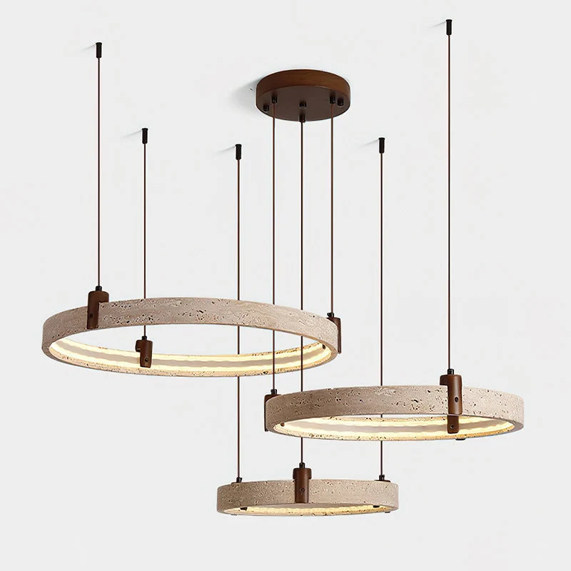 Travertijn Ring Kroonluchter – Natuursteen Hanglamp met Walnoot Hout en Geïntegreerde LED | Scandinavisch Design voor Woon- en Eetkamer | Sansoti